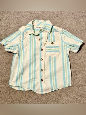 Short-Sleeve Stripe Button-Down Shirt - Cream, Blue & Green - XS/4